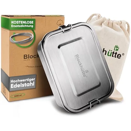 Blockhütte Premium Edelstahl Brotdose 1200ml - Lunch-Box mit auslaufsicherer Dichtung, ideal für Kinder und umweltfreundlich. Inkl. Ersatzdichtung und Rezeptbuch für leckere Gerichte!