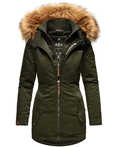 MARIKOO Damen Winterjacke SANAKOO - Stepp Parka mit Kunstpelz, warm gefüttert (S-XXL, Olive) - Funktionsjacke für extreme Kälte, mit abnehmbarem Kunstfell-Kragen und kuscheligem Teddyfell-Futter für optimalen Tragekomfort und Schutz vor Wind.