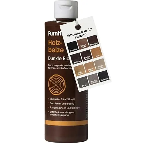 Furniture Clinic Holzbeize Dunkle Eiche 250 ml - Hochkonzentrierte Holzbeize für alle Holzarten, schnelltrocknend und tiefenwirksam. Ideal für Möbel, Türen und Fußböden im Innen- und Außenbereich. Ungiftig und geruchsarm für eine sichere Anwendung.