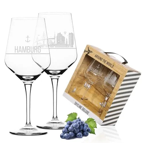 3forCologne 2er Set Weinglas Hamburg | Edles Souvenir mit Detailreichtum - Rotweingläser Set mit beeindruckender Hamburg Skyline im Siebdruck, spülmaschinengeeignet und ideal als kreatives Geschenk für Deutschlandfans.