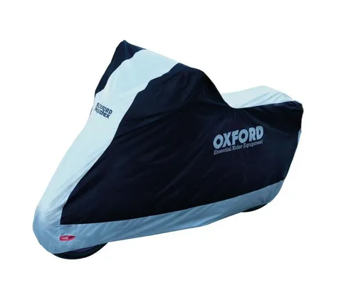 OXFORD AQUATEX Motorrad Abdeckung - Large, Schwarz/Grau - Motorradabdeckung für Innen und Außen, hitzebeständig bis 150 Grad, mit Schloss-Löchern und elastischem Saum für optimalen Schutz vor Regen und Staub.