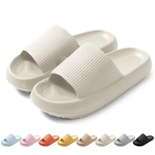 HEOAARG Badelatschen Herren Damen Original Badeschuhe Wolke Badeschlappen Rutschfest Schlappen Wolkenschuhe Weich Cozislides Slippers Flip Flops Innen & Außen，Beige，46-47 EU