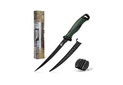 Zite Fishing Filetiermesser Set mit Schärfer – 20 cm Klinge, rutschfester Griff - Praktisches Filetiermesser-Set mit 20 cm Klinge und Schärfer. Ideal für präzises Filetieren von Fischen, ausgestattet mit rutschfestem Griff und schützender Scheide für Sicherheit und Komfort.