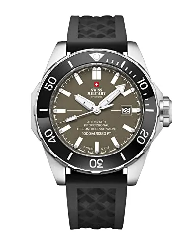 Swiss Military by Chrono Herren Uhr Automatik mit Silikonarmband - Extrem robuste Armbanduhr mit 45 mm Gehäuse, olivgrünem Zifferblatt und leuchtenden Indizes. Ideal für den Einsatz beim Tauchen, bis 1000 Meter wasserdicht und mit präzisem Schweizer Uhrwerk.
