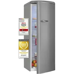 Exquisit Retro-Kühlschrank RKS325-V-H-161E, 229 Liter, grau - Retro Vollraumkühlschrank ohne Gefrierfach mit 229 Litern Nutzinhalt, ideal für 3-4 Personen. Ausgestattet mit 5 Glasablagen und LED-Beleuchtung, sorgt für sichere Lagerung und modernes Design.