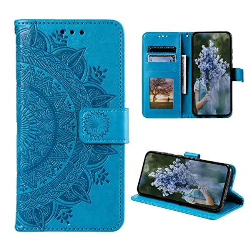 CoverKingz Handy Cover kompatibel mit Samsung Galaxy S23 Ultra - Handyschutz mit Kartenfach Klapphülle - Bookcase Hülle aufklappbar Motiv Mandala Blau