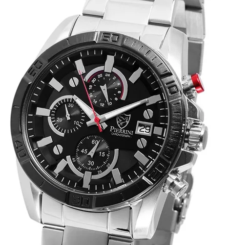 PIERRINI Herrenuhr Chronograph Schwarz Silber - Armbanduhren für Herren mit elegantem Design, 30m wasserdicht und robustem Edelstahl-Gehäuse für den täglichen Gebrauch.