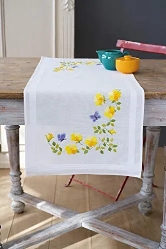 Vervaco Stickpackung Kreuzstich Set Vorgedruckt Tischläufer Frühlingsblumen Stickdecken Vorgezeichnet DIY Basteln Erwachsene Kreativ Stickläufer zum Selbersticken 40 x 100 cm Stickset