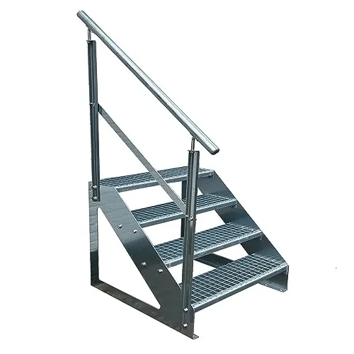 Kaminbau Mierzwa Premium Freistehende Treppe mit 4 Stufen und Geländer Links (600 mm Breite) - Wetterfeste Gartentreppe aus korrosionsgeschütztem Material, ideal für den Außenbereich. Einfache Montage und vielseitig einsetzbar für Terrassen, Gärten und mehr. Made in Germany.