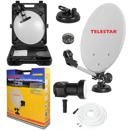 Telestar Camping-Sat-Anlage - Mobiles Komplettset für Outdoor-TV - SAT-Antennen: Kompakte 35 cm Satellitenspiegel im Hartschalenkoffer, ideal für Camping mit Full-HD Empfang durch hochwertiges Single LNB. Inklusive Kompass und 10m Kabel für einfache Installation.