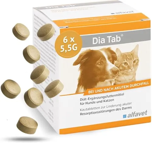 alfavet Dia Tab - 6 x 5,5g Diät-Ergänzungsfuttermittel für Hunde und Katzen, Kautabletten zur schnellen Linderung von Durchfall und Stärkung der Darmflora