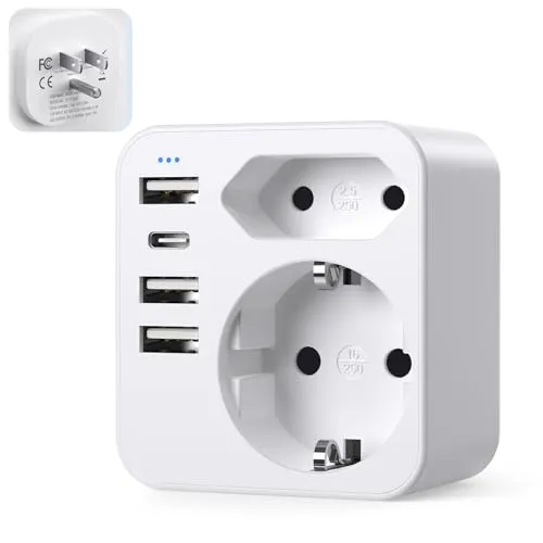 USA Adapter Steckdose, 6-In-1 Adapter USA Deutschland Stecker mit 1 AC 1 USB-C 3USB-A (3.4A), EU to US Reiseadapter für Amerika Kanada Mexiko Thailand，Typ B Reisestecker