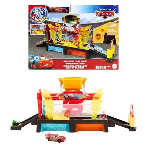 Disney Pixar Cars Colour Changers Race Ready Car Wash - Spielzeugauto mit interaktivem Waschset, das Lightning McQueen in verschiedenen Farben erstrahlen lässt – für aufregende Rennabenteuer!