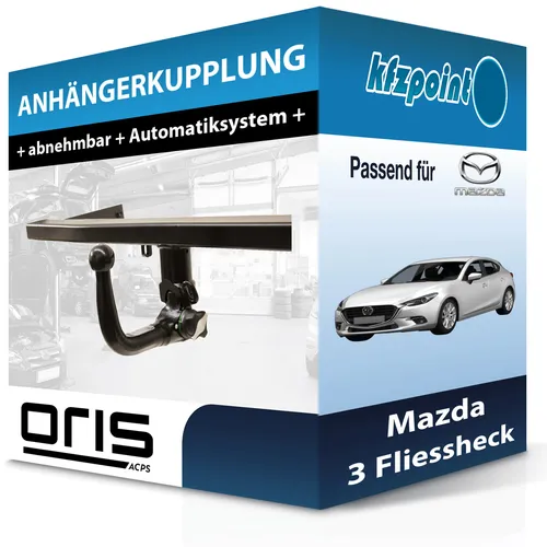 Oris Anhängerkupplung für Mazda 3 Fliessheck Typ BM - Abnehmbare Anhängerkupplung von Oris, ideal für Mazda 3 (07.2013 - 05.2019). Keine Eintragung in Fahrzeugpapiere notwendig und hohe Anhängelast von 1860 kg.