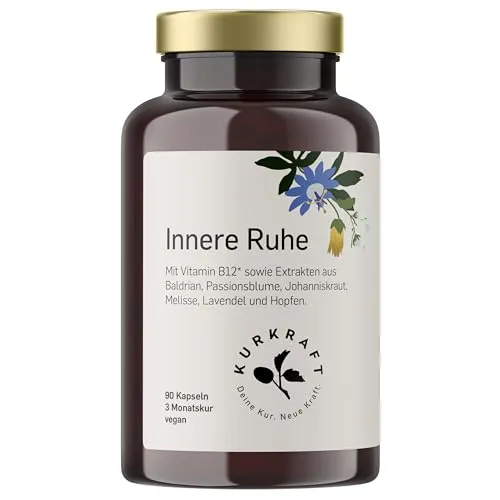 KURKRAFT Innere Ruhe Kapseln - Johanneskraut Baldrian Passionsblume Komplex hochdosiert - mit Vitamin B12, Hopfen-Extrakt, Lavendel und Zitronenmelisse (90 Kapseln)