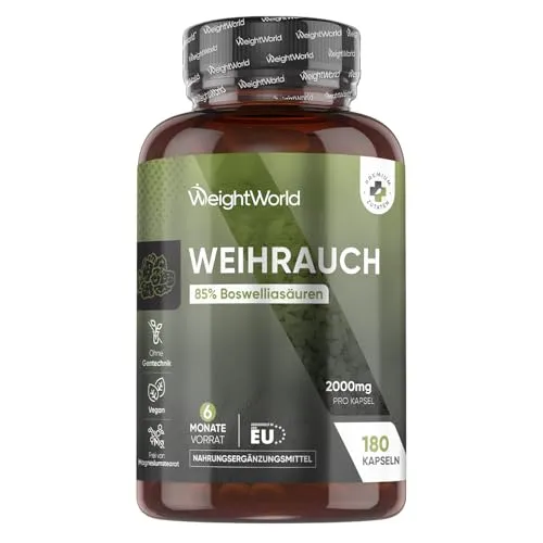 WeightWorld Weihrauchkapseln - 2000mg Boswellia Pulver pro Kapsel - Boswellia Serrata Kapseln mit 400mg Extrakt und 85% Boswelliasäuren, vegan und frei von Magnesiumstearat. 180 Kapseln für 6 Monate, ideal für Ihre Gesundheit!