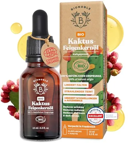 BIONOBLE Kaktusfeigenkernöl Bio Kaltgepresst - 100% Rein, Natürlich - Anti-Aging, Gegen Falten und Augenringe - Kaktusfeigenöl für Gesicht - Prickly Pear Seed Oil - Glasflasche mit Pipette - 15ml