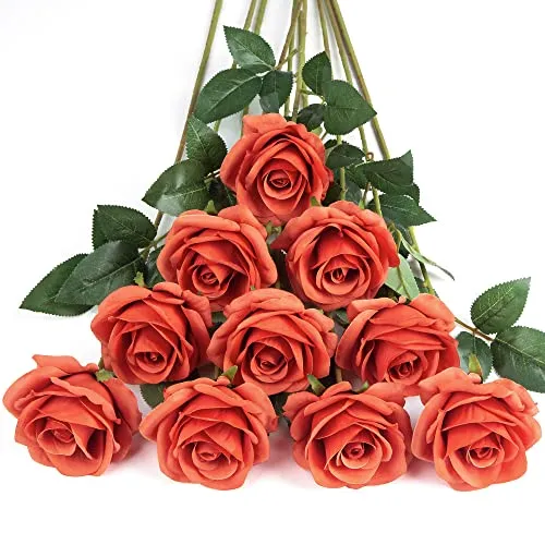DuHouse 10 Stück künstliche Rosen Seidenblumen Fake Rose 54cm einzelnen Langen Stiel künstlich Blumen Bouquet für Brautstrauß Arrangement Hochzeit Tafelaufsatz Party Haus Küche Dekor(Korallenorange)