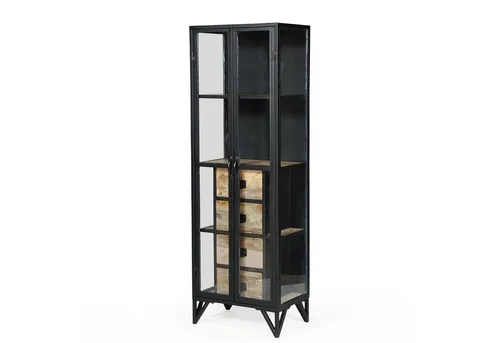 baario Vitrine BARBAR, schmal schwarz, Glasvitrine aus Eisen & Mangoholz - Elegante Vitrine im Industrial-Stil mit 4 Schubladen, ideal für stilvolle Aufbewahrung und Präsentation. Fertig montiert und bereit für den sofortigen Einsatz.