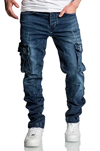 Amaci&Sons Herren Cargo Jeans Regular Slim Denim Hose Destroyed 7977 Dunkelblau W33/L30 - Stylische Cargo Jeans für Herren, gefertigt aus 98,5% Baumwolle für hohen Tragekomfort und Elastizität, ideal für lässige Outfits.