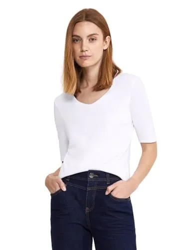 Street One Damen A317665 Basic Kurzarmshirt, Weiß, 34 - T-Shirts für Damen: Stylisches Kurzarmshirt mit abgerundetem V-Ausschnitt, blickdicht dank Baumwollfutter und ideal für einen hohen Tragekomfort.
