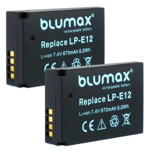 Blumax Akku für Canon LP-E12 - 2er Set - Hochwertiger Li-Ion Akku mit 670 mAh, ideal für Canon EOS M-Serie und 100D. Zuverlässige Energiequelle für längere Fotosessions.
