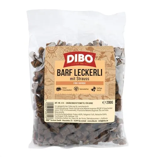DIBO Barf-Leckerli mit Strauss zur Belohnung, Sport und Freizeit, Gluten- und Lactosefrei, Ohne Zusatzstoffe, 200 g