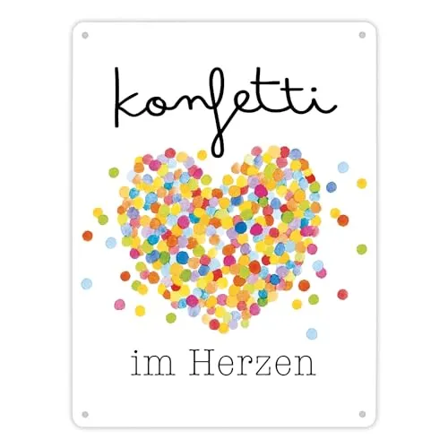 Konfetti im Herzen Karneval Geschenk Metallschild XL in 21x28 cm Fasching Herz Bunte Kostüm-Deko Fasching Fasnet Verkleidung Motivation