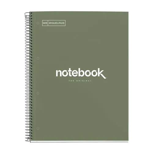 Miquelrius - Notizbuch A4 Notebook, 1 farbiger Streifen, 80 Blatt mit raster 5 x 5 mm, Papier 90 g/m² mikroperforiert mit 4 Bohrungen für 4 Ringe, Einband aus Karton, Farbe Grün