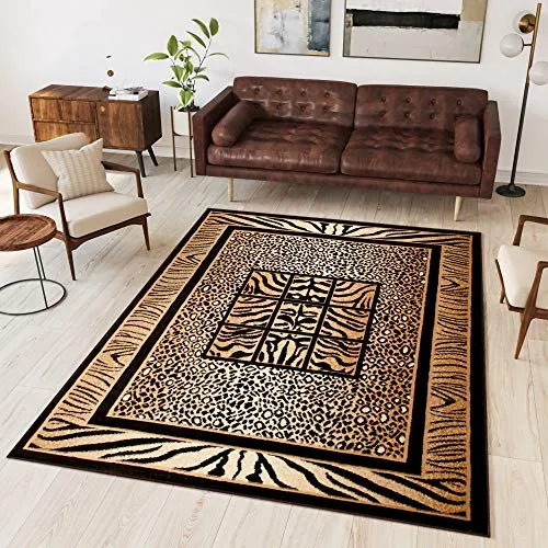 TAPISO Atlas Teppich Kurzflor Afrika Tiermuster - Stylischer Kurzflor-Teppich im Afrika-Tiermuster mit Rahmen in Braun, Beige und Schwarz. Perfekt für Wohnzimmer und Schlafzimmer, sorgt für ein modernes Ambiente und ist mit geprüfter Qualität ausgestattet. Maße: 200 x 300 cm.