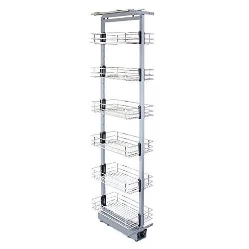Kukoo Vorratsschrank aus Edelstahl - Einbauküchen-Komponenten, höhenverstellbar von 190 bis 220 cm, bietet optimalen Stauraum mit 6 ausziehbaren Körben für bis zu 20 kg pro Korb.