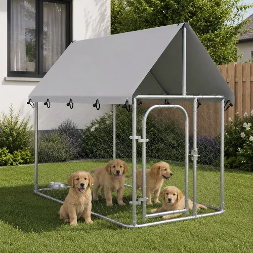 vidaXL Outdoor-Hundezwinger mit Dach 200x100x150 cm - Hundehütten, sicherer und komfortabler Rückzugsort für Ihren Hund, robustes Design aus verzinktem Stahl, wetterfestes Dach schützt vor Sonne und Regen.