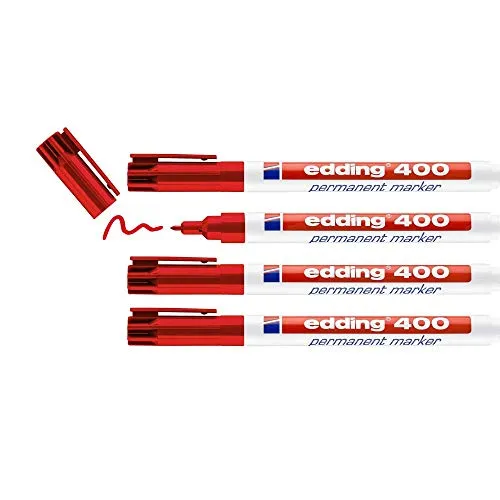 edding 400 Permanentmarker - rot - 4 Stifte - feine Rundspitze 1 mm - wasserfest, schnell-trocknend - wischfest - für Karton, Kunststoff, Holz, Metall, Glas