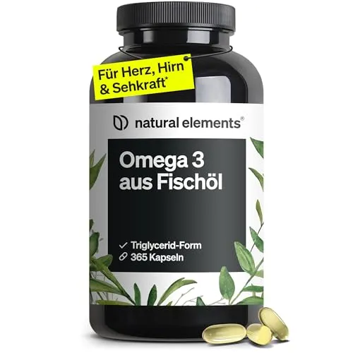 Omega 3 Kapseln 2000mg – 365 Stück - Nahrungsergänzungsmittel mit 2000mg Fischöl pro Tagesdosis, reich an EPA und DHA in hochwertiger Triglycerid-Form, laborgeprüft und aus nachhaltigem Fischfang.