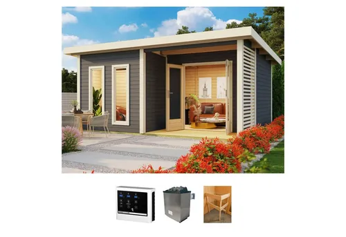 Saunahaus KONIFERA "Maiko 5 SET B" – Saunaofen 9 kW, grau - Saunahaus für 4 Personen aus 38 mm nordischer Fichte, inkl. externem 9 kW Saunaofen. Ideal für entspannende Wellnessstunden im eigenen Garten.