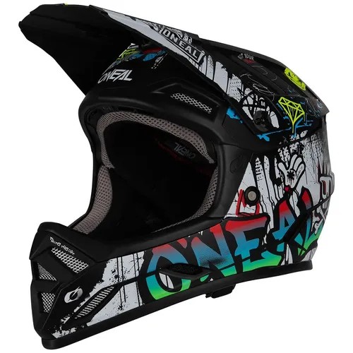 O'Neal Backflip Rancid Fahrradhelm - Schwarz/Weiß/Rot/Blau/Grün - M - Fahrradhelm mit leichtem ABS-Material und Fidlock® Magnetverschluss für einfache Handhabung. Optimale Belüftung und normierte Sicherheit für maximale Performance beim Mountainbiking.