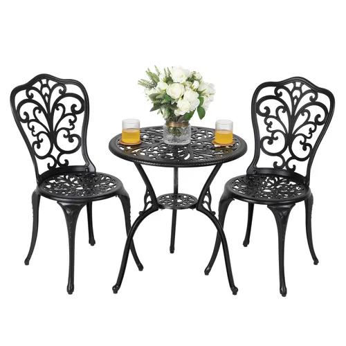 Avestar 3-teiliges Outdoor Bistro Set aus Aluminiumguss – Stilvolle Gartenmöbel in Schwarz - Kompaktes 3-teiliges Bistro Set mit runder Tischplatte und 2 stabilen Stühlen. Wetterfest und pflegeleicht, ideal für Balkon und Terrasse – schaffen Sie eine gemütliche Atmosphäre im Freien!