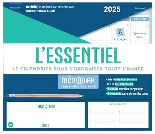 Mini-organiseur L'Essentiel Mémoniak, calendrier mensuel (sept. 2024- déc. 2025): Le calendrier pour s'organiser toute l'année, Avec 1 crayon