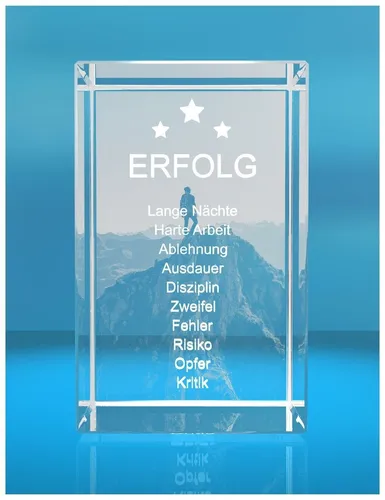 Dekofigur 3D Glasquader Motivationsspruch Weg zum Erfolg Geschenk für, Hochwertige Geschenkbox, Made in Germany, Familienbetrieb