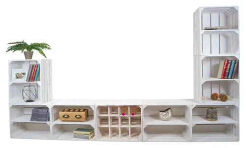 Kistenkolli Altes Land Allzweckkiste Wohnwand "Paris" mit TV Board - Kistenmöbel für stilvolle Aufbewahrung - kreatives Regalsystem in Weiß, ideal für Wohnzimmer und mehr! Maße: 140cm Höhe, 250cm Breite, 30cm Tiefe.