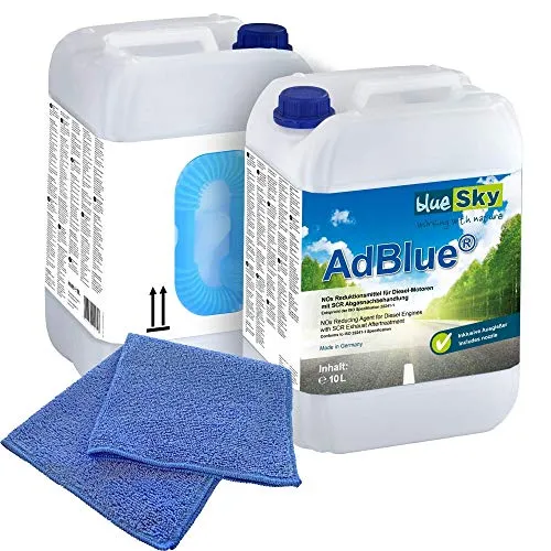 2X 10 L blueSky AdBlue® Set mit Ausgießer & Mikrofaser-Tuch - Hochreines AdBlue Set mit 20 Litern, ideal für die Fahrzeugpflege. Inklusive Einfüllschlauch und hochwertigem Mikrofaser-Tuch für eine saubere Anwendung.