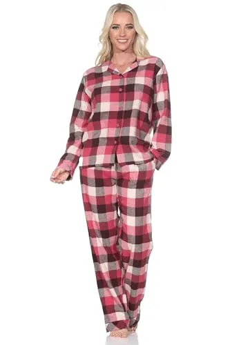 Normann Damen Flanell Schlafanzug lang mit Knopfleiste und Hemdkragen, Farbe: Beere, Größe: 40-42 - Kuscheliger Flanell Schlafanzug für die kalte Jahreszeit, ideal für entspannte Nächte oder gemütliche Tage zu Hause. Pflegeleicht und angenehm zu tragen dank atmungsaktiver Baumwolle.