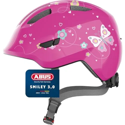 ABUS Smiley 3.0 pink butterfly S (45-50 cm) - Fahrradhelm für Kinder mit hervorragendem Rundumschutz, höhenverstellbarem Verstellsystem und kindgerechtem Design - ideal für kleine Fahrradanfänger.