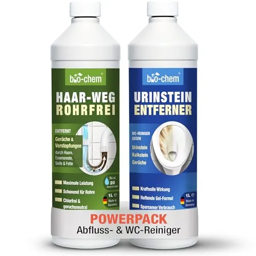 bio-chem Badezimmer Reinigungs Set 2-teilig | Effektiver Abflussreiniger und Urinsteinentferner - Entdecken Sie die doppelte Reinigungskraft für Bad und WC! Dieses Set enthält einen leistungsstarken Abflussreiniger und einen effektiven Urinsteinentferner für hygienische Sauberkeit und freie Rohre – ideal gegen Ablagerungen und unangenehme Gerüche.