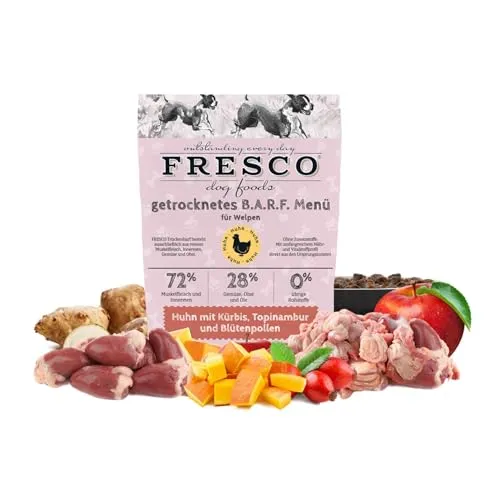 FRESCO Dog Complete Junior Trockenbarf Huhn 2,5kg | Barf Trockenfutter für Welpen & Junghunde mit Kürbis, Topinambur & Blütenpollen | aus frischem Fleisch, Obst und Gemüse | 100% natürliche Zutaten