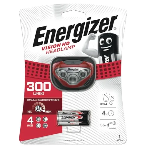 Energizer Stirnlampe LED, Vision Superhelle Kopflampe für Camping, Outdoor und Wandern, Batterie Enthalten, Rot