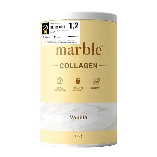 marble® Collagen Pulver 500 g - Hochdosierte Collagenpeptide für strahlende Haut - Kollagen-Präparate mit natürlichem Vanillegeschmack, exzellenter Löslichkeit und praktischer Pappdose – 60 Tage risikofrei testen!