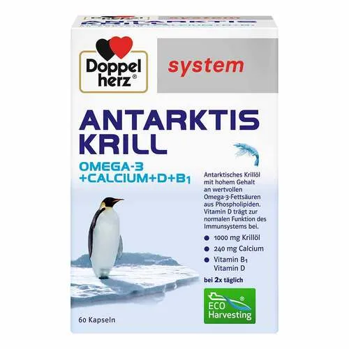 Doppelherz system Antarktis Krill Kapseln 81 g - Omega 3 Kapseln mit 1000 mg hochwertigem Krillöl, reich an Omega-3-Fettsäuren, Calcium und Vitamin D, unterstützt Herz, Knochen und Immunsystem, nachhaltig gefangen.
