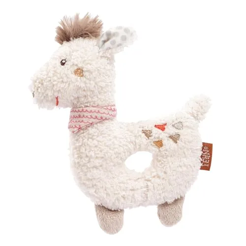 Fehn Baby Ring Greifling Lama - Kuscheltier Babyspielzeug mit Rassel - Motorikspielzeug für das spielerische Lernen - Plüschtier als Einschlafhilfe - Spielzeug für Babys & Kleinkinder ab 0+ Monaten