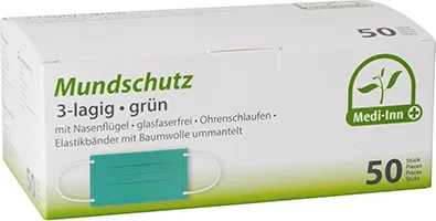 Medi-Inn® 50 "Medi-Inn®" Mundschutz Type II 3-lagig 9 cm x 17,5 cm grün mit Nasenbügel | Faltschachtel (50 Stück)